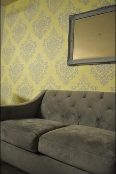 Blue and Yellow wall with stencil | Nursery Ideas and Inspirations ... Pattern On Wall, Stenciled Walls, Damask Wall Stencils, Feminine Room, Damask Wall, Royal Design Studio Stencil, Guest Bedroom Makeover, Wall Stencil Patterns, Damask Stencil