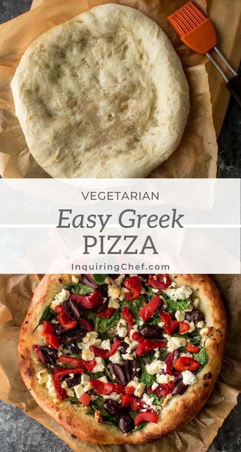 Vegetarian Pizza, Greek Pizza Recipe, Pizza With Spinach, Feta And Olives, Feta Pizza, Mediterranean Pizza, Greek Pizza, Easy Mediterranean Diet Recipes, Spinach Feta