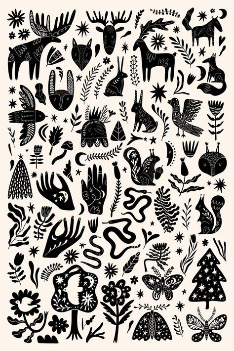 Woodland Bundle Folk Art Illustration Patterns, Lino Print Style Tattoo, Scandinavian Folk Tattoo, Linocut Tattoo, Woodland Tattoo, Folk Art Tattoo, Nordic Illustration, Shadow Poster, Linocut Printing