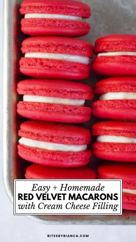 If you love red velvet you need to try my easy and homemade red velvet macarons recipe with cream cheese filling! Red-colored chocolate macaron shells and a tart cream cheese frosting make up this delicious treat! Feel free to add any designs, such as white chocolate stripes, red sprinkles, or crumbles of red velvet cake. Add these macarons to your gourmet dessert recipes for the holidays or Christmas. Make these red velvet macarons as a sweet treat, it'll be a crowd pleaser Red Velvet Macarons Recipe, Easy Cream Cheese Filling, Red Velvet Macaroons, Strawberry Macarons Recipe, Macaron Filling Recipe, Gourmet Dessert Recipes, Decorated Macarons, Macaroon Filling, Easy Macaroons