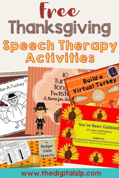 Looking for fun speech therapy activities this Thanksgiving? I've rounded up five Thanksgiving speech therapy freebies. It features fun Thanksgiving speech therapy games and language activities you can enjoy with your students. | The Digital SLP Thanksgiving Speech And Language Activities, Virtual Speech Therapy Activities, Thanksgiving Articulation Activities, November Speech And Language Activities, Turkey Speech Therapy Activities, Slp Thanksgiving Activities, Speech Thanksgiving Activities, Thanksgiving Slp Activities, November Speech Therapy Activities