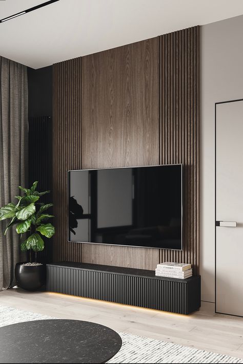 Dark Tv Unit Wall, Wood Up Tv Wall, Classic Modern Apartment Interior Design, Slated Wall Ideas, Tv Set Design Living Room, Tv Wall Black, Tv Wall Ideas Bedroom, Minimal Tv Wall Design, Dark Tv Wall