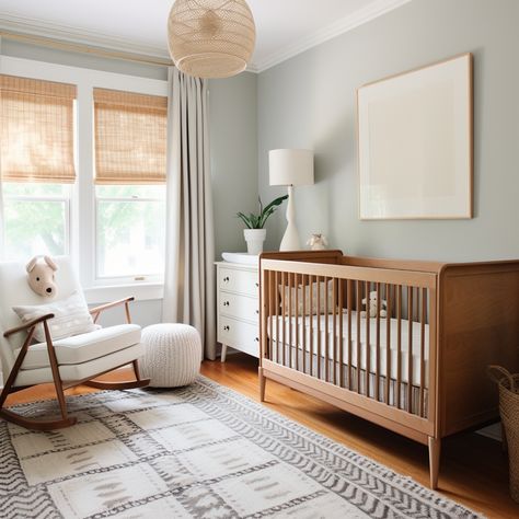 A modern vintage nursery combines classic elements with a contemporary twist. Mix antique-style cribs and dressers with modern accents like geometric rugs and minimalist lighting. Use a muted color palette with pops of pastel for a timeless feel. Nursery Light Blue Walls, Mid Modern Nursery, Mixed Woods Nursery, Mixed Furniture Nursery, Neutral Nursery With Pops Of Color, Mid Mod Nursery, Mixed Wood Nursery, Mid Century Modern Nursery Boy, Nursery With Wooden Crib