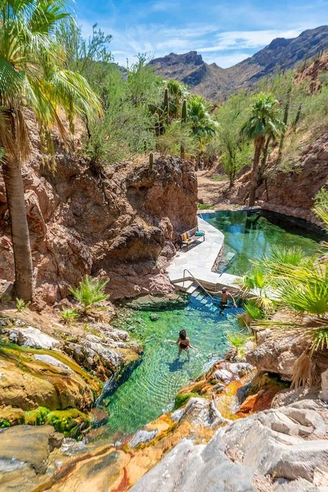 Castle Hot Springs, Arizona | From comfortable resorts that revolve around effervescing pools of hot water surging up from underground to remote hot springs that require you to snowmobile or dogsled in for the reward, the US is home to some of the most diverse spots on the planet for a natural soak outside. Hot Springs In The Us, Arkansas Vacations, Iron Mountain, Hot Springs National Park, Spring Resort, Travel Goals, America Travel, Scenic Views, Hot Springs