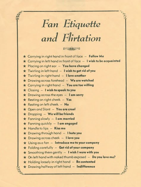 Hand Fan Signals, Hand Fan Language, Fan Language Victorian, The Language Of The Fan, Language Of The Fan, Fan Signals, Victorian Hobbies, Fan Etiquette, Language Of Fans