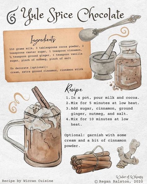 Water Of Whimsy, Spice Hot Chocolate, Kitchen Witch Recipes, Homemade Cookbook, Spiced Chocolate, Whimsy Art, 귀여운 음식 그림, Hot Chocolate Recipe, Kitchen Witchery