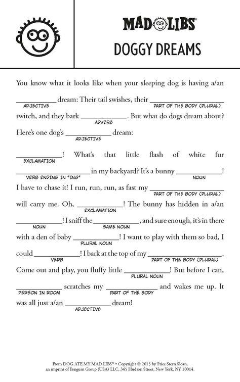 A Mad Libs perfect for dog lovers! Our 48-page book features original 21 original stories inspired by man's best friend. This book is an incredible bargain that even Fido won't want to pass up! Mad Libs For Teens, Free Mad Libs, Mad Libs For Kids, Mad Libs For Adults, Funny Mad Libs, Mad Libs Printable, Substitute Binder, Babysitting Crafts, Song Writing