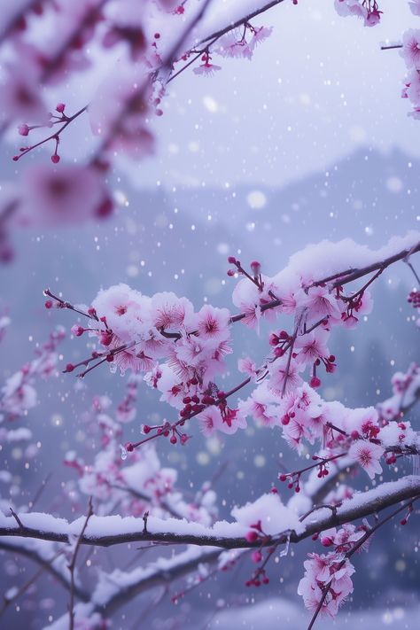 on a cloudy day, this beautiful tree branch is covered in heavy snow, misty with white and purple red flowers, covered in snow with plum blossom petals, mountain valleys, high-definition, and a dreamlike fairy tale kingdom. --v 6 Winter Japan Wallpaper, Snow Covered Flowers, Cherry Blossom Trees Aesthetic, Fairy Esthetics, Blossom Flower Aesthetic, Snowy Cherry Blossom, Plum Blossom Aesthetic, Cherry Blossom Tree Aesthetic, Snow Cherry Blossom