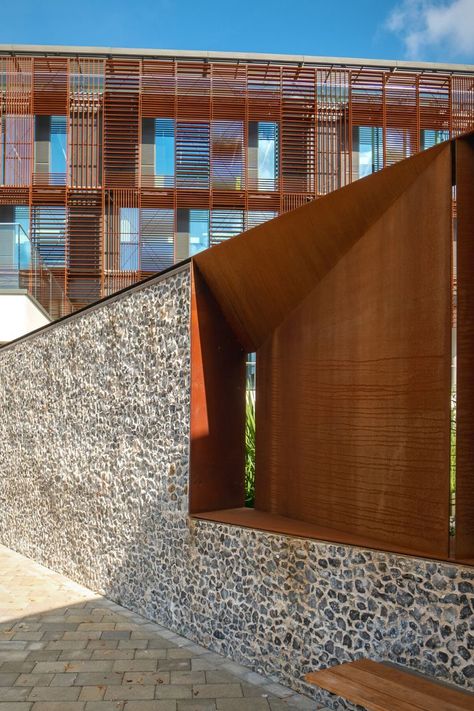 Stone And Glass Architecture, Corten Steel Building, Material Study Architecture, Industrial Facade, Rustic Architecture, Weathered Steel, Concrete Exterior, Steel Architecture, Timber Architecture