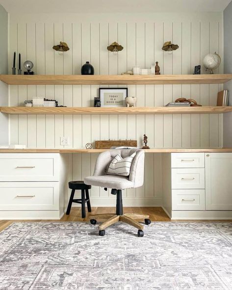 Vertical Shiplap Walls With a Floating Shelf - Soul & Lane Builder Grade Updates, Shelves Above Desk, Built In Desk And Shelves, Farmhouse Reno, Wfh Office, Vertical Shiplap, Warm Wood Flooring, Long Floating Shelves, Home Office/guest Room