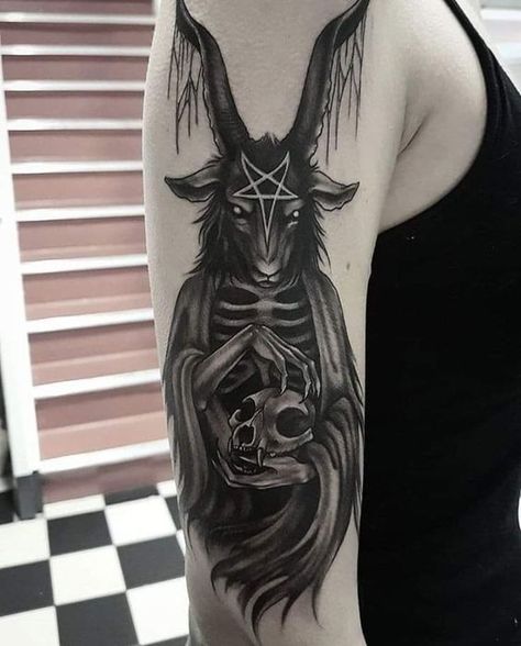 Goat Back Tattoo, Satanic Goat Tattoo, Tattoo Dark Gothic, Goat Tattoos, Baphomet Tattoo, Chest Neck Tattoo, Goat Tattoo, Satanic Goat, Hexagon Tattoo