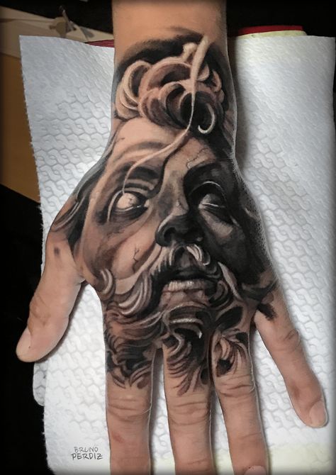 Tattoo Nick, Mgk Tattoos, Jesus Tattoos, Tree Tattoo Arm, Poseidon Tattoo, Zeus Tattoo, Statue Tattoo, Hand Tats, Jesus Tattoo