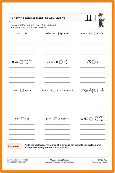 Enhance your students' comprehension of equations and identities with the Showing Expressions as Equivalent Worksheet. This educational resource enables students to reinforce their knowledge by selecting proper equals or equivalence symbols for each statement. By engaging in this activity, learners can solidify their understanding of conceptually challenging math topics in an interactive and effective manner. Utilize this worksheet to encourage critical thinking skills and foster a deeper understanding of mathematical expressions among your students today! Year 9 Maths Worksheets, Ks3 Maths Worksheets, Year 8 Maths Worksheets, Ks1 Maths Worksheets, Year 7 Maths, Year 5 Maths Worksheets, Year 6 Maths Worksheets, Year 2 Maths Worksheets, Year 4 Maths Worksheets