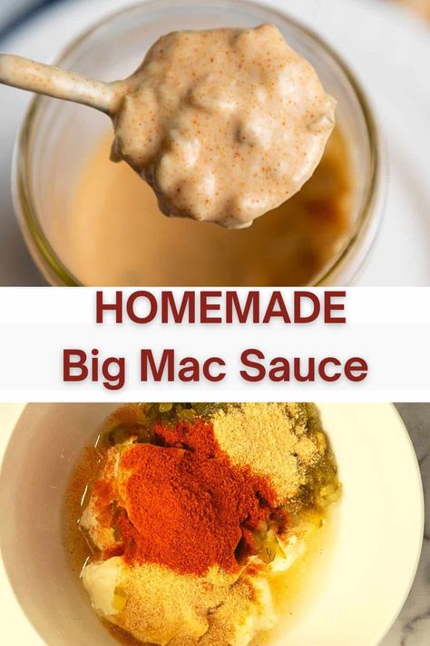 Take your homemade cheeseburgers to the next level with this simple homemade Big Mac Sauce recipe. This copycat McDonald's special sauce recipe taste just like the sauce you get in the restaurant. It's creamy, a little sweet and a little tangy. This homemade version is made with simple ingredients you already have in your pantry. It takes just a few minutes to whip up a batch of big mac sauce and it keeps in the fridge for a week. Use on burgers, fries, salads and onion rings. #copycatrecipe Mcdonalds Special Sauce Recipe Big Mac, Mac Sauce Mcdonalds, How To Make Big Mac Sauce, Big Mac Special Sauce Recipe, Big Mac Sauce Recipe Copycat, Special Sauce Recipe, Healthy Sauce Recipes, Italian Sauce Recipes, Mcdonald's Big Mac