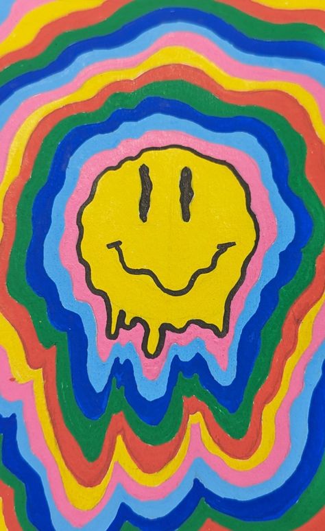 trippy rainbow smiley face Trippy Smiley Face, Drippy Smiley Face, Workshop Painting, Rainbow Smiley Face, Trippy Rainbow, Ep Cover, Sip N Paint, Doodle Ideas, Paint Canvas