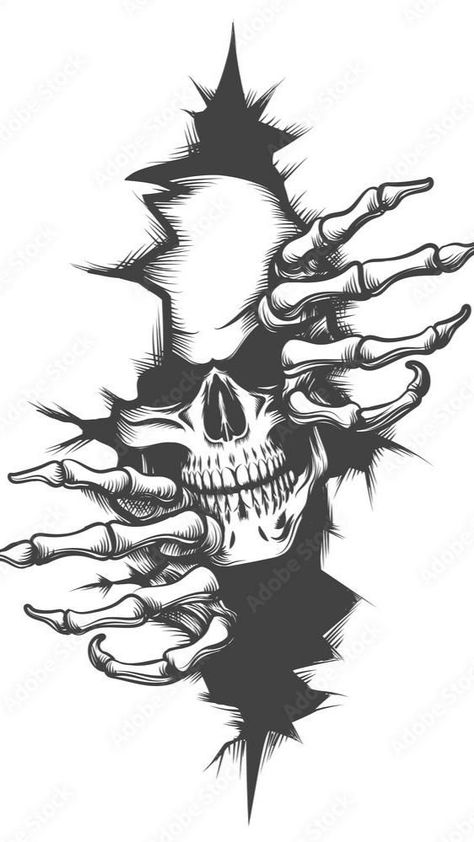 Human Skull, Tattoo Style, Coming Out, Stock Illustration, Vector Illustration, Black And White, Human, Black