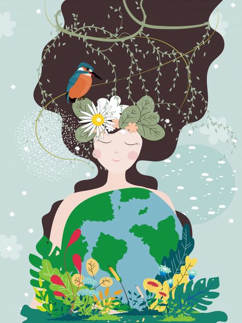 Mother earth day poster with planet and nature beauty woman Premium Vector Earth Day Poster, Mother Earth Art, Earth Day Posters, Day Illustration, Soyut Sanat Tabloları, Earth Art, Living Things, Art And Illustration, Environmental Art