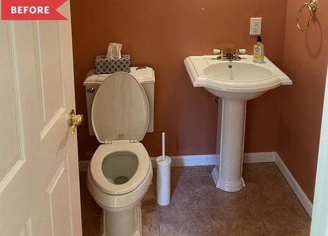 Before: Half bathroom with dark orange walls, white pedestal sink, and beige floors Grey Tile Pattern, Dark Grout, Cement Tile Floor, Fen Shui, Bold Tile, Bathroom Apartment, Ikea Pax Wardrobe, Bathroom Artwork, Laundry Room Remodel