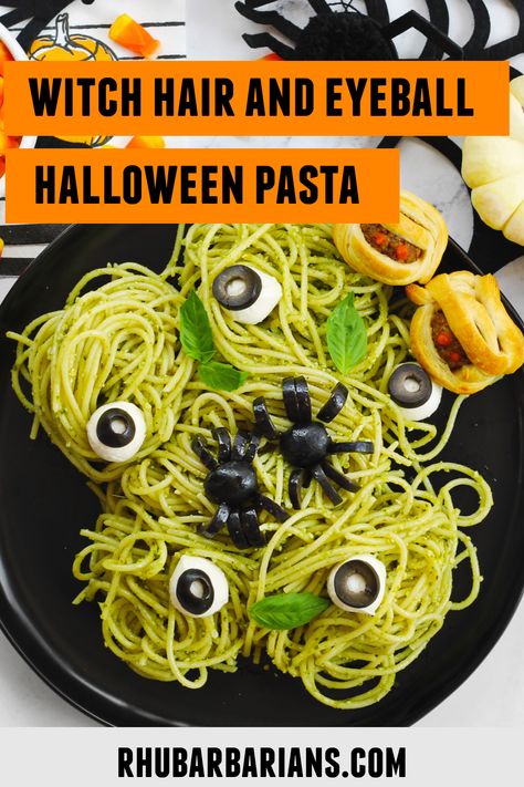 A photo of Halloween pasta with an orange and black text overlay that says, "witch hair and eyeball halloween pasta."