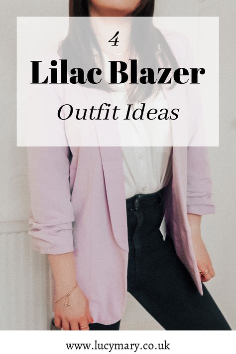 A woman wearing a lilac blazer Lilac Blazer Outfit Classy, Lavender Blazer Outfit Work, Lilac Blazer Outfit Casual, Lilac Blazer Outfit Work, Lavender Blazer Outfits For Women, Light Purple Blazer Outfit, Lilac Jacket Outfit, Lavender Jacket Outfit, Blazer Lila Outfits