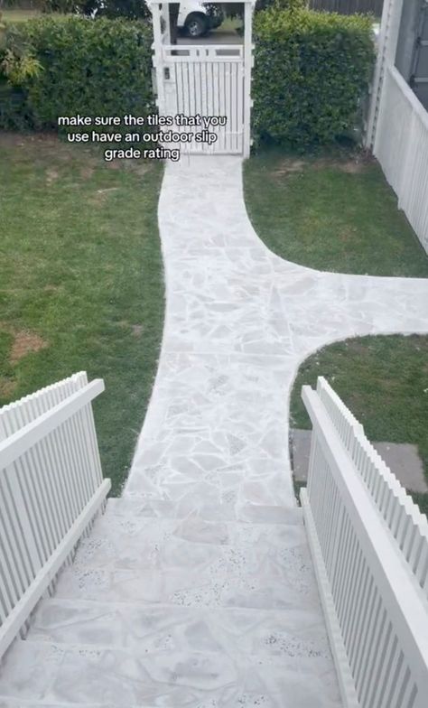 My DIY 'crazy pave' tile hack transformed my yard - it's impossible to mess up Painted Crazy Paving, White Crazy Paving, Diy Crazy Paving, Crazy Paving Ideas, Pave Walkway, Pave Tile, Tile Hacks, Crazy Pave, Baseball Lifestyle