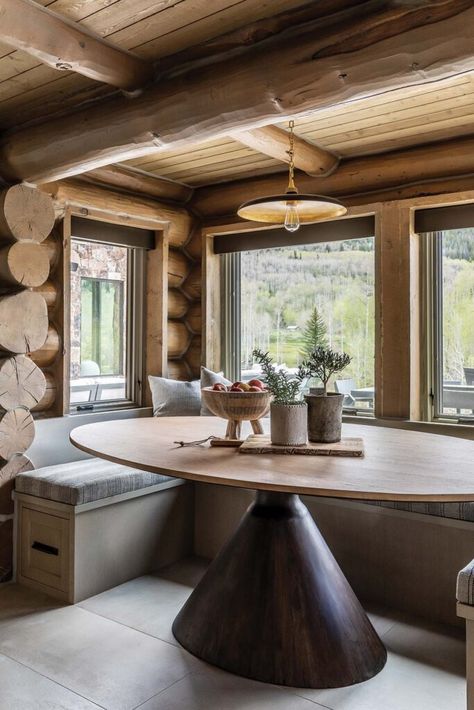 Fairytale Window, Log Cabin Interior Design, Nook Inspiration, Rustic Stone Fireplace, Utah Style, Cabin Interior Design, Log Cabin Interior, Kitchen Breakfast Nooks, Boutique Interior Design