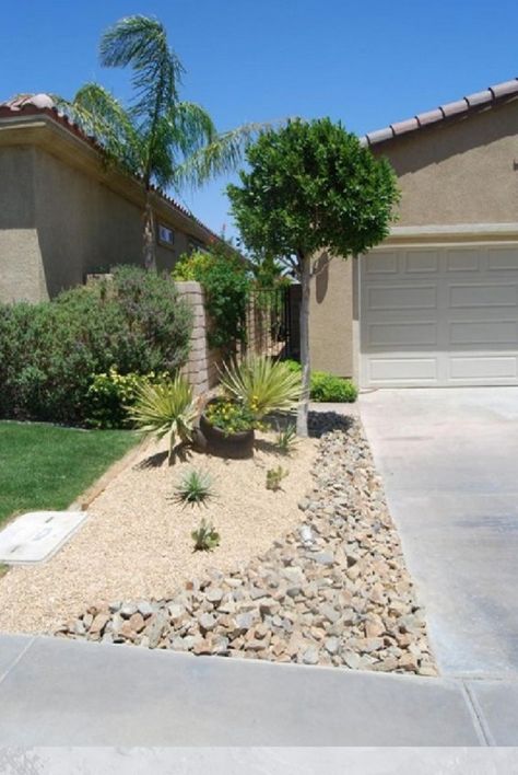 Gravel Rock Landscaping, Drought Free Front Yard, Simple Desert Backyard, Neighbor Divider Front Yard, Landscape Between Neighbors, Drought Friendly Front Yard, Gravel Front Yard Landscaping, Yard Divider Ideas Neighbor, Driveway Extension Ideas