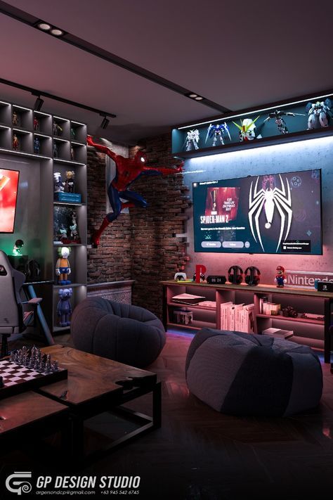 Man Cave Video Game Room, Gaming Bedroom Ideas, Lofted Cabin, Game Room Ideas, Book Rooms, Gaming Lounge, Small Game Rooms, House Interior Ideas, Nerd Room