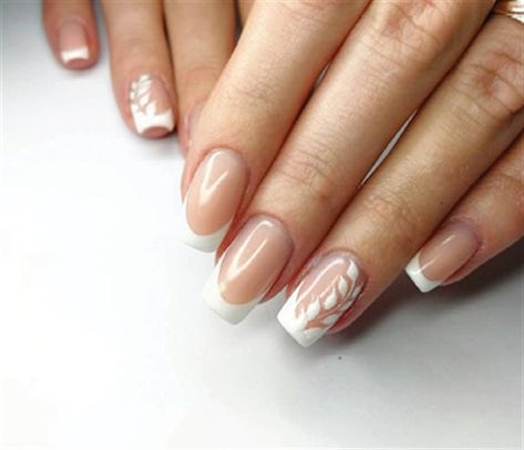 Wedding Nails Are Ringing: See Nail Techs' Bridal Nails - Style - NAILS Magazine Nail Art White Flowers, Bridal Nails Leaves, 2023 Bride Nails, Short Coffin Wedding Nails, Wedding Nails Rustic, Wedding Guest Nails Square, Wedding Nails For Bride Classy Bridal French, Leaf Wedding Nails, Whimsical Wedding Nails