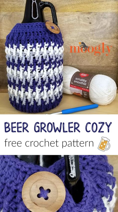 Beer Growler Cozy: Free Crochet Pattern - Moogly Crochet Cozies, Crocheted Gifts, Coffee Cozies, Crochet Bloggers, Beer Growler, Crochet Cozy, Crochet Abbreviations, Gifts For Beer Lovers, Knitting Machine Projects