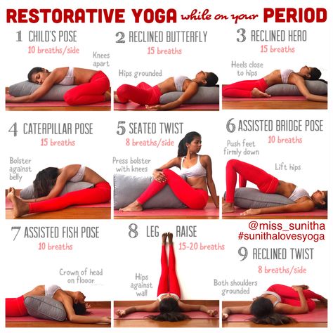 Restorative yoga poses during your period or menstrual cycle Follow @miss_sunitha on Instagram for more. #sunithalovesyoga Period Yoga, Restorative Yoga Sequence, Restorative Yoga Poses, Yoga Bolster, Yoga Tutorial, Yoga Beginners, Yoga Posen, Yoga Iyengar, Iyengar Yoga