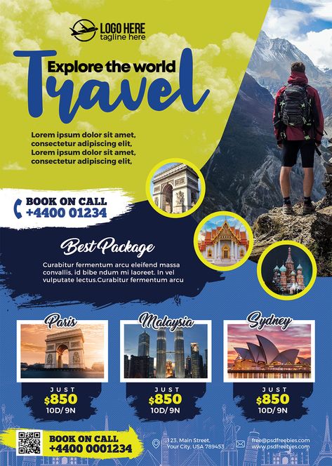 Holiday Packages Flyer PSD Template - PSD Zone Travel Flyer Design, Standing Banner Design, Travel Advertising Design, Travel Flyer, Travel Advertising, Fashion Poster Design, Tourism Poster, Travel Poster Design, Marketing Flyers