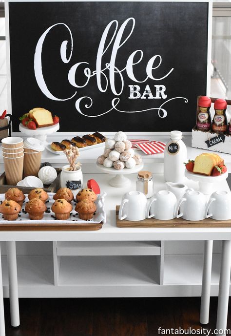 I can SO do this!!! Coffee Bar Party: "You've Warmed My Heart," theme! LOVE what she did as a random act of kindness with her guests! DIY Coffee bar ideas galore, and SO easy   http://fantabulosity.com/coffee-bar-ideas/ Coffee Corner Kitchen, Bridal Brunch Decorations, Brunch Mesa, Coffee Bar Party, Party Food Bars, Kitchen Bar Decor, Party Food Bar, Graduation Party Foods, Brunch Decor