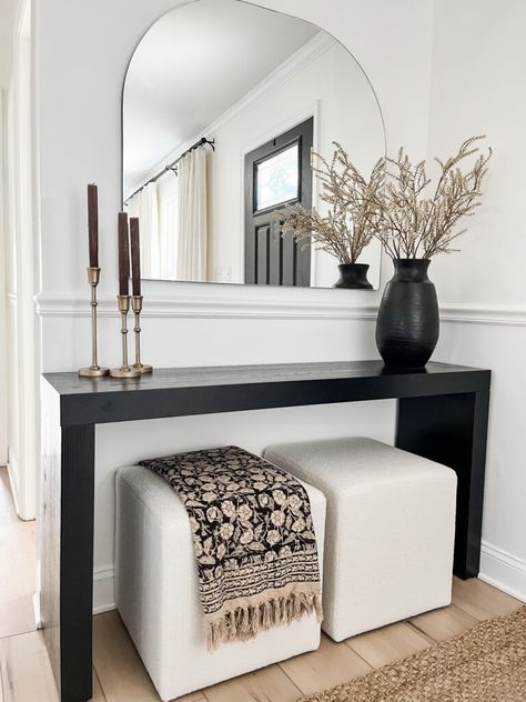 Console Table With Nesting Stools, Console Table Next To Stairs, Sofa Table Behind Couch Entryway, Leather Couch With Console Table, Console With Stools Underneath, Console Table With Puffs, Entry Table Contemporary, Modern Entryway With Mirror, Stool Under Console Table