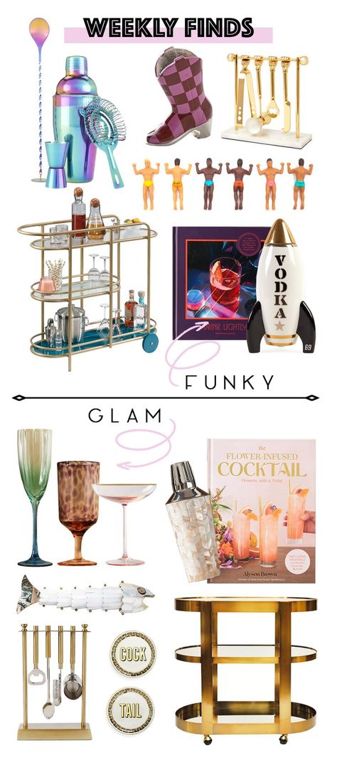 Coolest finds of the week ! Today is #worldcocktailday so I’m rounding up some gorgeous bar accessories in two styles : glam or funky - which ever fits your vibe ! #weeklyfinds #homedecor #barstyling #cocktails Bar cart, cocktail stirrer, coasters, cocktail recipe book, decanter, cocktail shaker, bottle opener, champagne flute, wine glass Funky Bar Cart, Unique Bar Cart, Cocktail Recipe Book, Bachelorette Pad, Fancy Cocktails, Bar Essentials, Eclectic Interior Design, Cocktail Accessories, Vodka Drinks