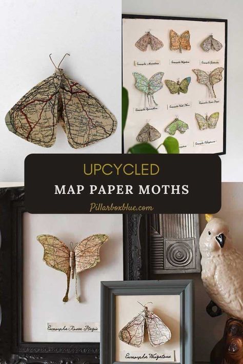 Diy Collage Paper Ideas, Art Made Out Of Books, Naturalist Decor Diy, Map Crafts Ideas, Making Paper Butterflies, Paper Crafts For Gift, Moth Paper Craft, Coloured Paper Craft, Natural History Decor