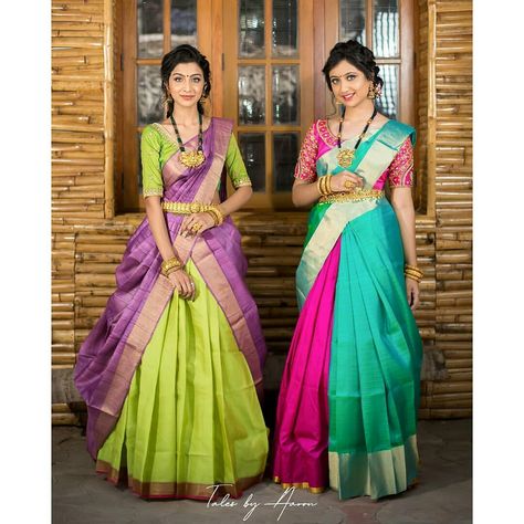 Saree In Half Saree Style, Indian Dresses Design, Lehenga From Saree, Half Saree Indian, Pattu Lehenga Half Saree, Saree Hacks, Easy Fancy Dress, Saree Lengha, Lehenga Half Saree