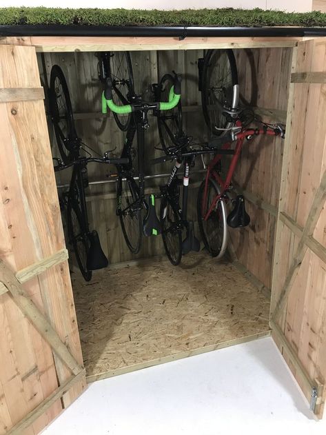 Studio pic of a 4-bike Vertical bike shed Vertical Bike Shed, Outdoor Bicycle Storage, Bicycle Storage Shed, Vertical Bike Storage, Diy Bike Rack, Outdoor Bike Storage, Yard Storage, Bike Shelter, Bike Decor