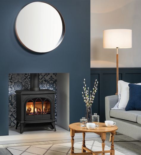 Which Small Cabin & Shed Log Burner to Buy? | Direct Stoves | Direct Stoves Modern Gas Fires Living Rooms, Industrial Living Room Fireplace, Gas Stove Surround Ideas, Log Burner And Surround, Chimney Fireplace Ideas, Gas Wood Burner Fireplace, Wood Burner Fireplace Tiles, Lounge Fireplace Ideas, Wood Burner Living Room