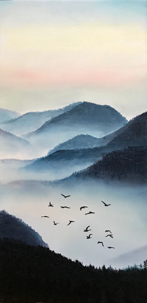 Hills Watercolor Paintings, Mountain Paintings Watercolor, Fog Landscape Painting, Mountains And Water Painting, Hills Acrylic Painting, Mountain Painting Wallpaper, Watercolor Misty Mountains, Dark Scenery Painting, Misty Morning Painting