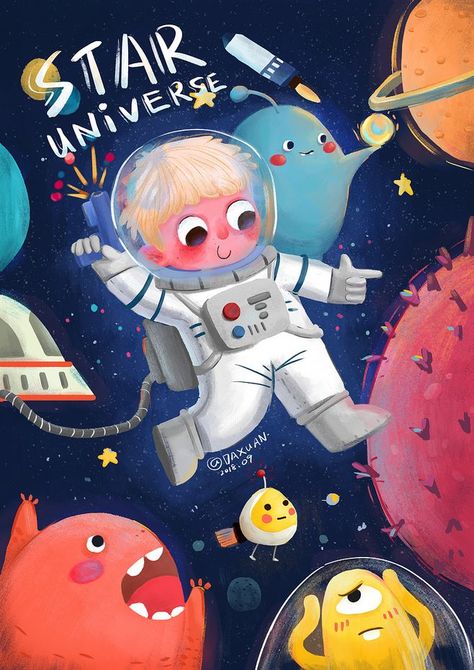 Children’s Illustration Art, Cute Space Illustration, Space Illustration Kids, Ideas For Illustration, Space Illustration Art, Planets Illustration, Astronaut Illustration, Book Illustration Design, Story Books Illustrations