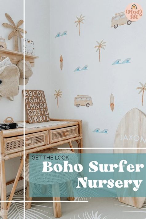 Surf Shack Nursery, Surf Toddler Room, Surfer Toddler Room, Retro Beach Nursery, Surfer Theme Nursery, Vintage Surf Nursery, Cb2 Nursery, Coastal Cabin Interior, Boho Surfer Nursery