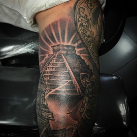 Aztec Pyramid Tattoo Design, Aztec Pyramid Tattoo, Pyramid Tattoos, Mexican Symbols, Eye Tattoo Meaning, Pyramid Tattoo, Aztec Pyramids, Aztec Artwork, Aztec Tattoos