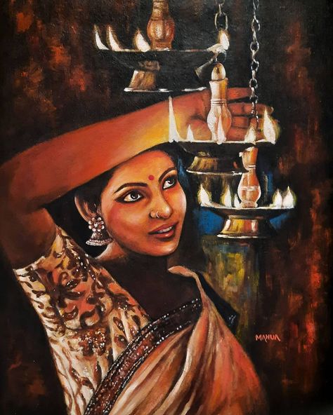 Diwali Art Painting, Diwali Painting, Festival Paint, Diwali Lamps, Food Art Painting, Composition Painting, Bengali Art, Modern Art Canvas Painting, Indian Women Painting