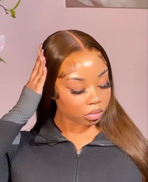 Colourful Wigs Black Women, Brown Buss Down Middle Part, Brown Wigs Black Women, Brown Middle Part, Chocolate Brown Wig, Sleek Braided Ponytail, Frontal Wig Hairstyles, Ethnic Hairstyles, Dyed Natural Hair