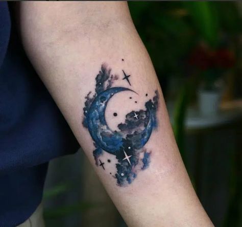 Moon In Clouds Tattoo, Cloud Star Tattoo, Blue Moon Tattoo, Moon Tattoo Ideas, Night Tattoo, Tattoo Moon, Small Shoulder Tattoos, Moon Tattoos, Circle Tattoos