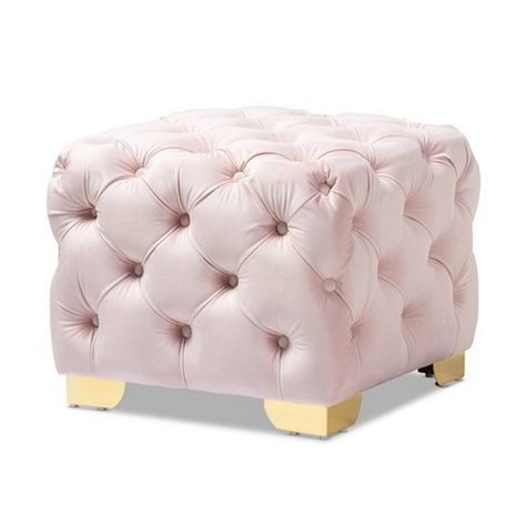 Gold Ottoman, Pink Velvet Fabric, Gold Furniture, Ottoman Styling, Velvet Ottoman, Tufted Ottoman, Fabric Ottoman, Gold Legs, Baxton Studio