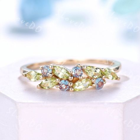 Peridot Wedding Band, August Birthstone Ring, Ring Cluster, Alexandrite Ring, Stacking Bands, Solid Gold Ring, August Birthstone, Morganite Ring, Solid Gold Rings