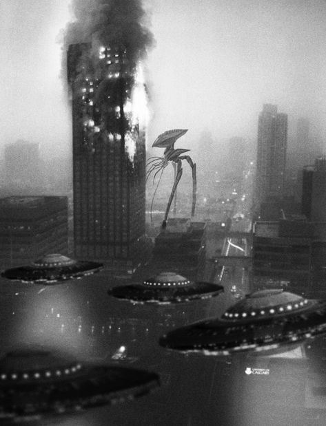 Alien Invasion Aesthetic, Apocalypse Photography, Alien Invasion Art, Alien Apocalypse, Alien Project, Destroyed City, Dystopian Aesthetic, Apocalypse Art, Movie Artwork