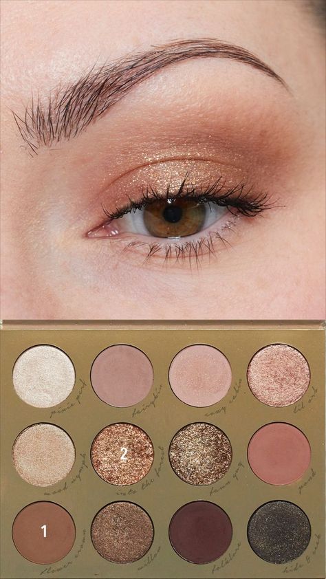 Simple neutral eyeshadow look with gold glitter using the ColourPop Fairy Well Palette. How To Shimmer Eyeshadow, Neutral Tone Eyeshadow Looks, Minimalist Eyeshadow Looks, Eyeshadow Looks Beginner, Gold Glitter Eye Makeup Simple, Natural Makeup Eye Looks, Simple Neutral Eyeshadow, Natural Gold Eye Makeup, Natural Eyeshadow For Brown Eyes